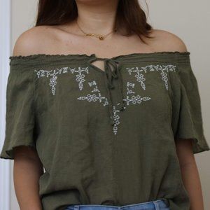 Short Sleeve Off the Shoulder Green Blouse